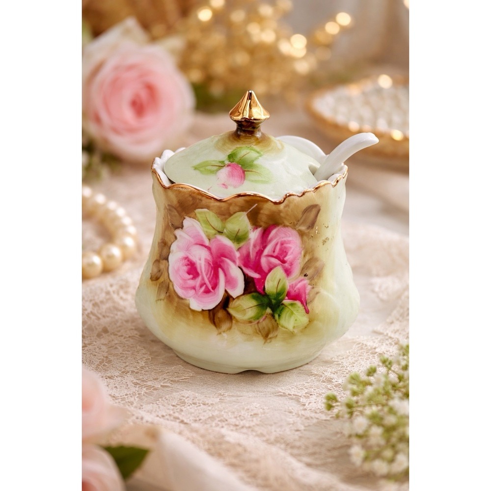 Lefton Heritage Green Gold Trim & Pink Roses Jam or Jelly Jar w/ Lid‎ & Spoon